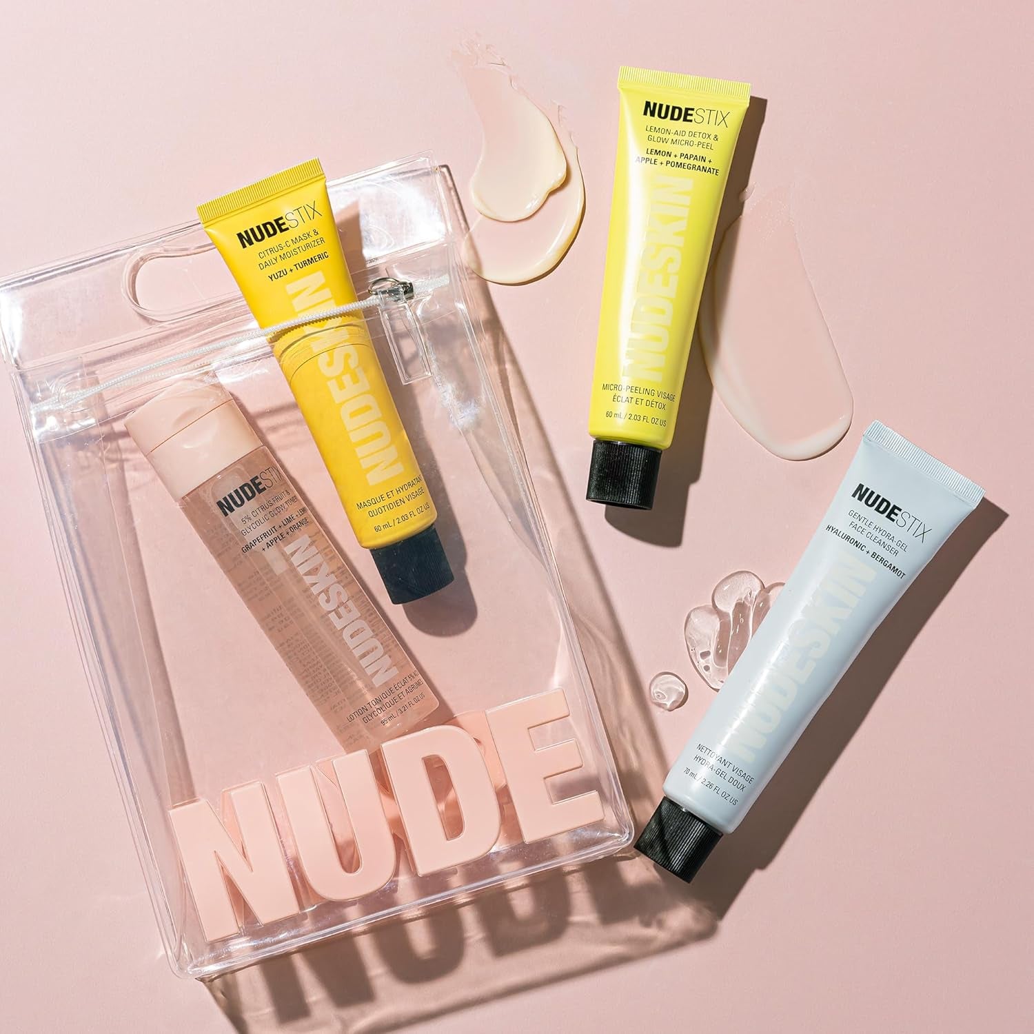 Nude Essentials for Sensitive Skin – 4-Step Full-Size Skincare Set with Gentle Cleanser, Toner, Exfoliator & Moisturizer/Primer | Vegan, Fragrance-Free, Travel-Friendly Skincare Routine
