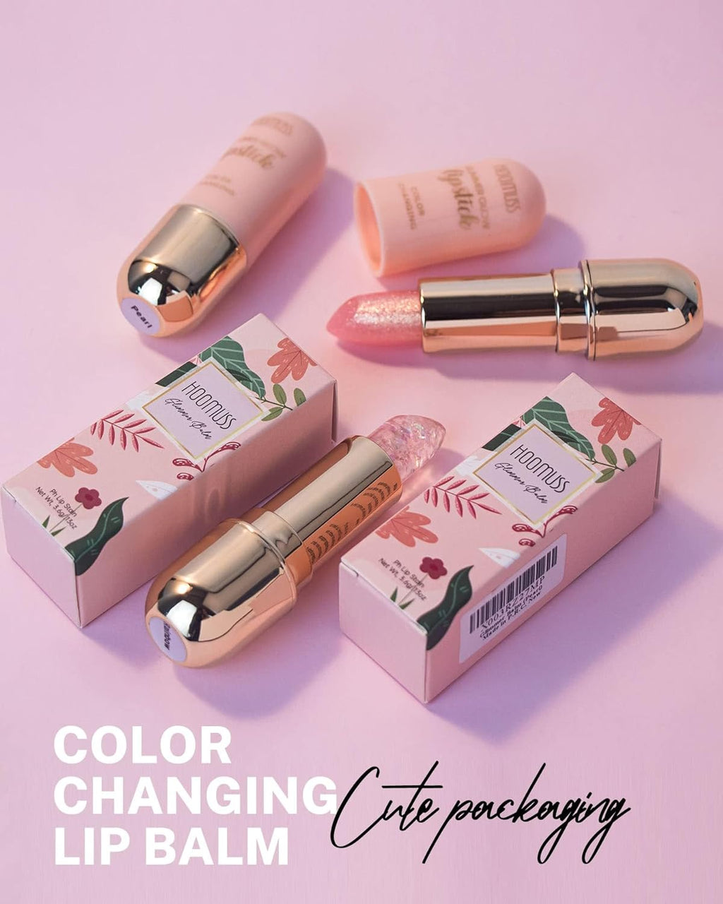 Tinted Lip Balm Flower Lipstick Tinted Lip Gloss Long Lasting PH Lipsticks Color Changing Lipstick Natural Chapstick Glitter Pink Lip Stick, Pink Flower