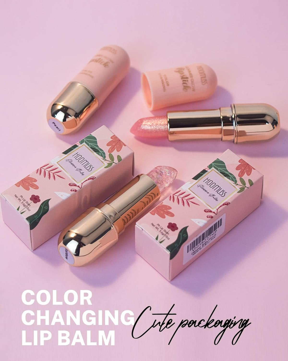 Tinted Lip Balm Flower Lipstick Tinted Lip Gloss Long Lasting PH Lipsticks Color Changing Lipstick Natural Chapstick Glitter Pink Lip Stick, Pink Flower