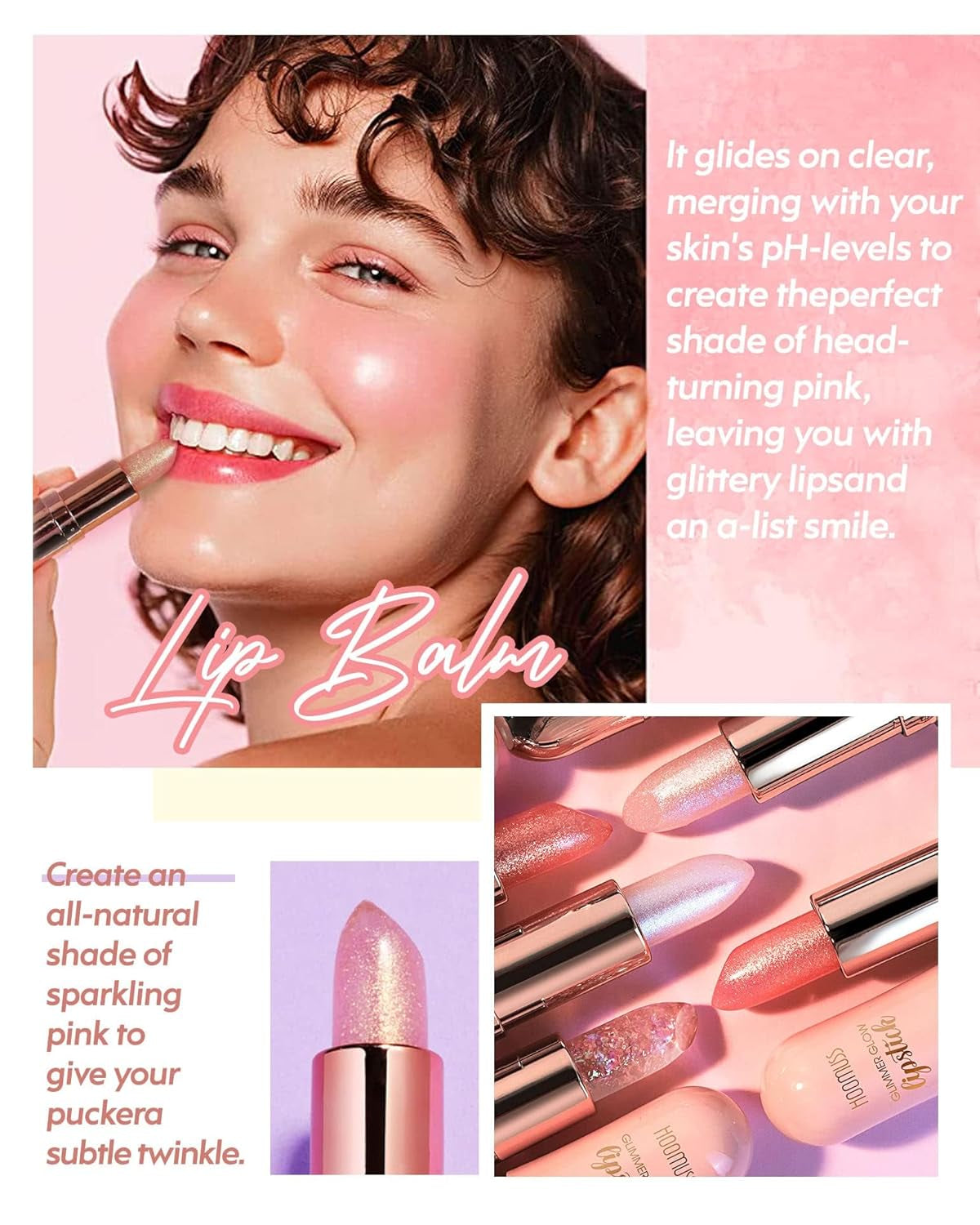 Tinted Lip Balm Flower Lipstick Tinted Lip Gloss Long Lasting PH Lipsticks Color Changing Lipstick Natural Chapstick Glitter Pink Lip Stick, Pink Flower