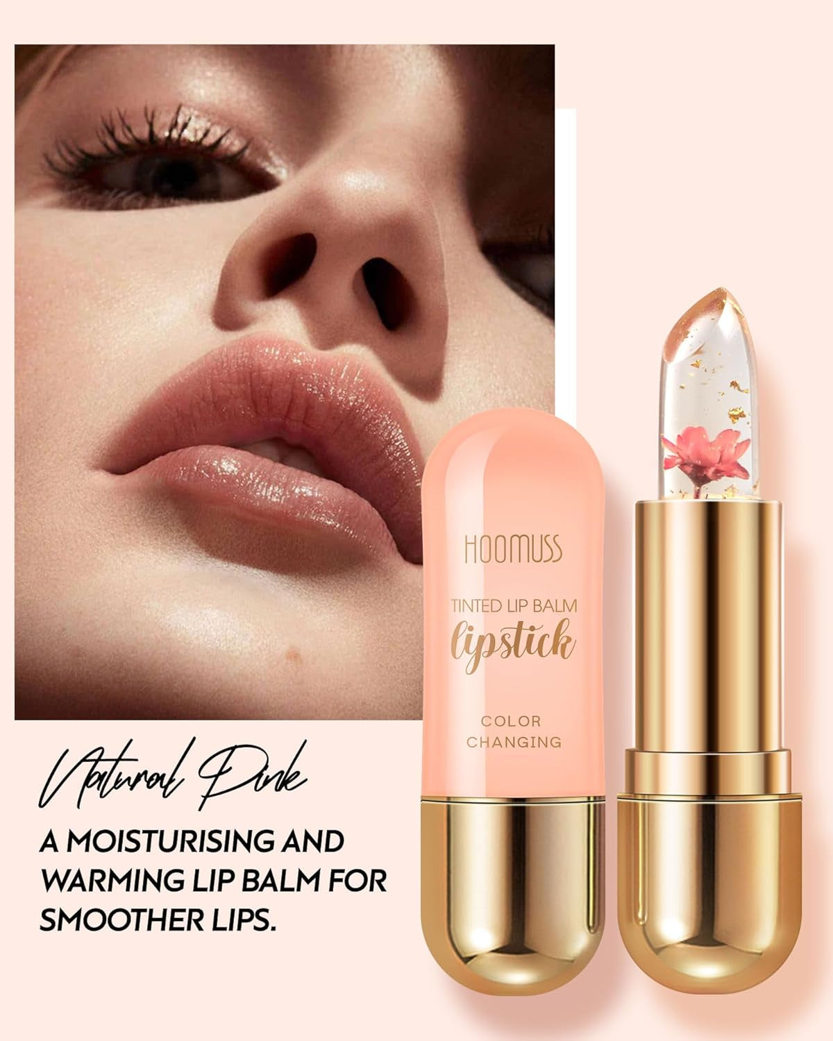 Tinted Lip Balm Flower Lipstick Tinted Lip Gloss Long Lasting PH Lipsticks Color Changing Lipstick Natural Chapstick Glitter Pink Lip Stick, Pink Flower